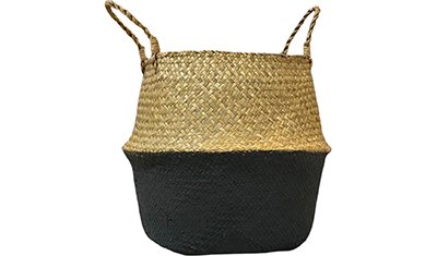 cesta com alca decorativo em palha 32cm preto aberto detalhe