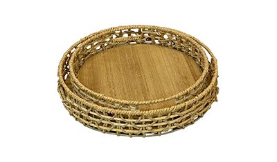 kit 2 bandejas decorativas em palha 35x35x6cm e 30x30x6cm palha detalhes proximo