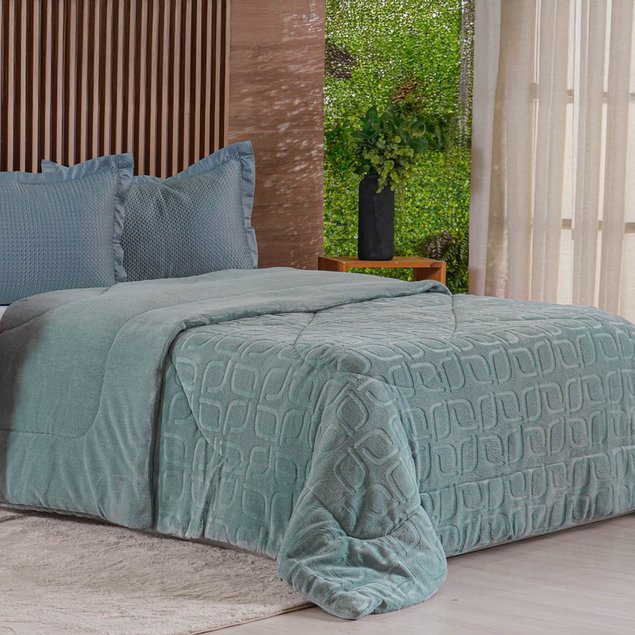 Edredom Solteiro Plush Dupla Face 160x220cm Azul Mineral Tessi